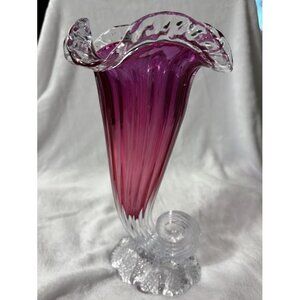 Vintage Handblown Cranberry Glass Cornucopia Vase with Ruffled Edge